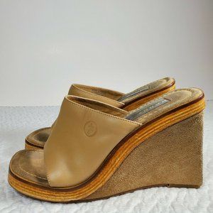 BRONX Tan Leather Slip On Suede and Wood Wedge Sandals Women Sz 36 (Usa 5/6)